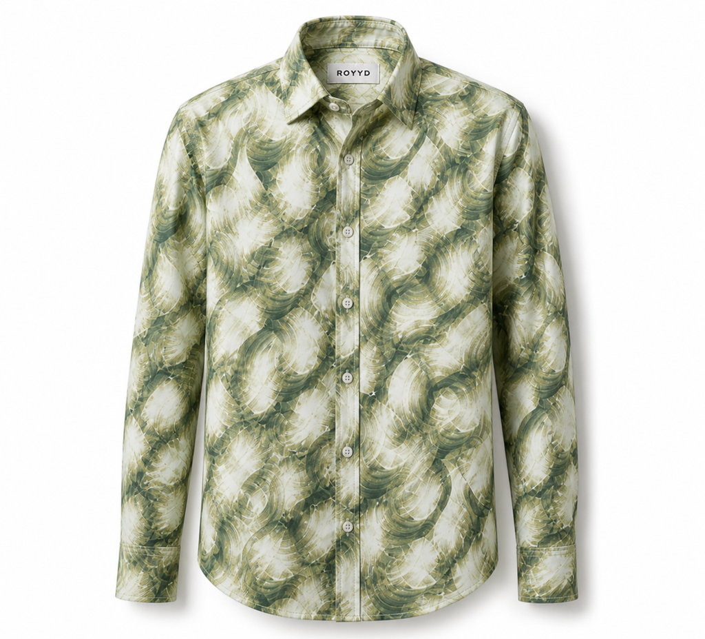 Green ROYYD Giza cotton printed casual shirt with button-up front and collar, displayed on a plain background.