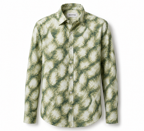 Green ROYYD Giza cotton printed casual shirt with button-up front and collar, displayed on a plain background.