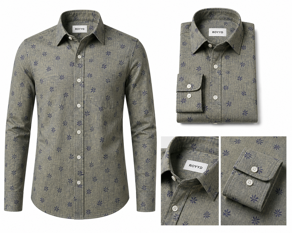 ROYYD Giza cotton printed casual shirt with intricate patterns and a classic collar, shown in a front view.